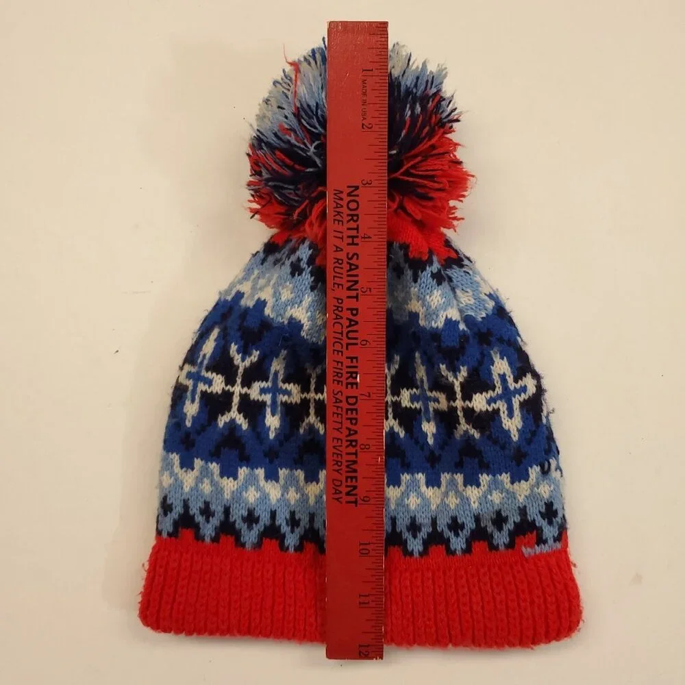 VTG Wigwam Mills Beanie Pom Ski Hat Creslan Acrylic Made in USA Red White Blue - Picture 8 of 8